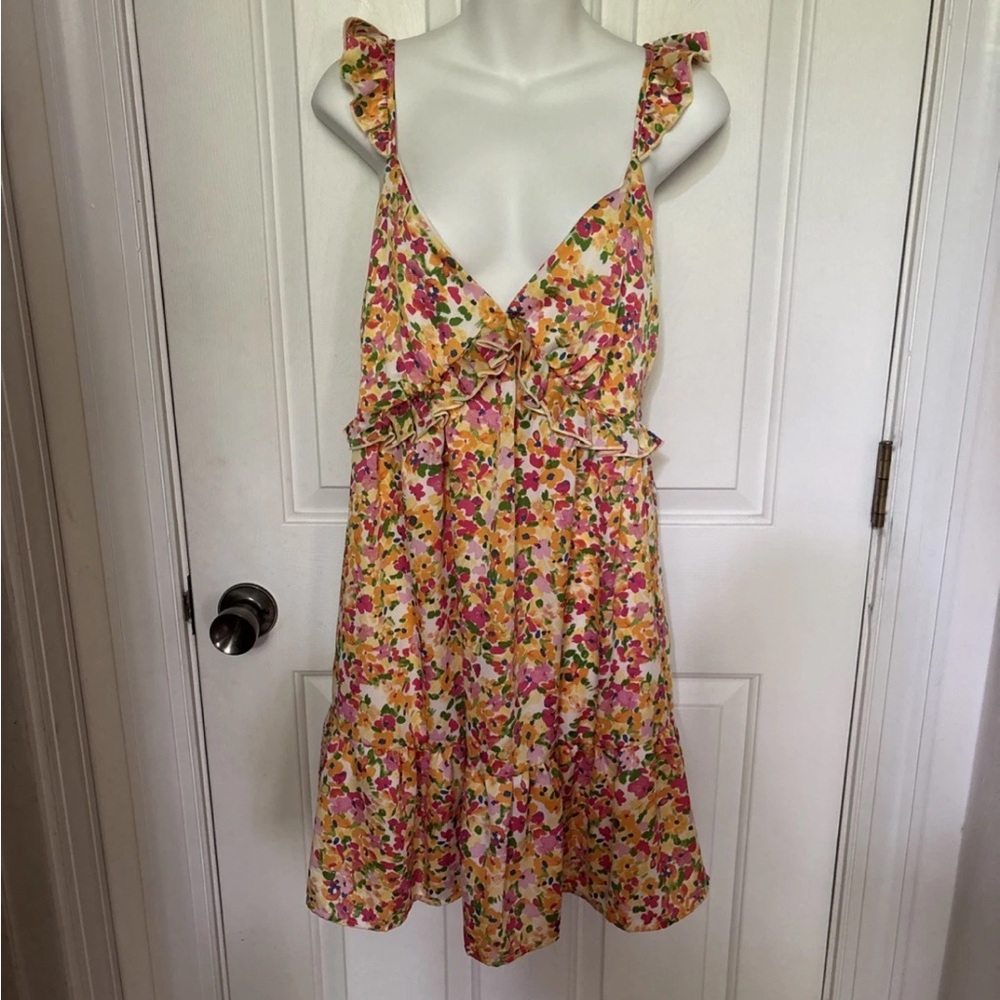 Peach Love California Floral Tie-Shoulder Dress in Pink, Yellow & Green